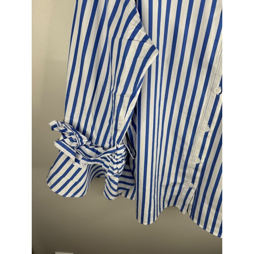NWT Harshman Ruffle Sleeve Selina Button Down Blouse Indigo Stripes Plus Size 1X - Picture 6 of 7